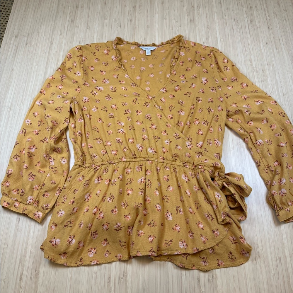 Lucky Brand Sz S Mustard Yellow Ditsy Floral Peplum Wrap Too
